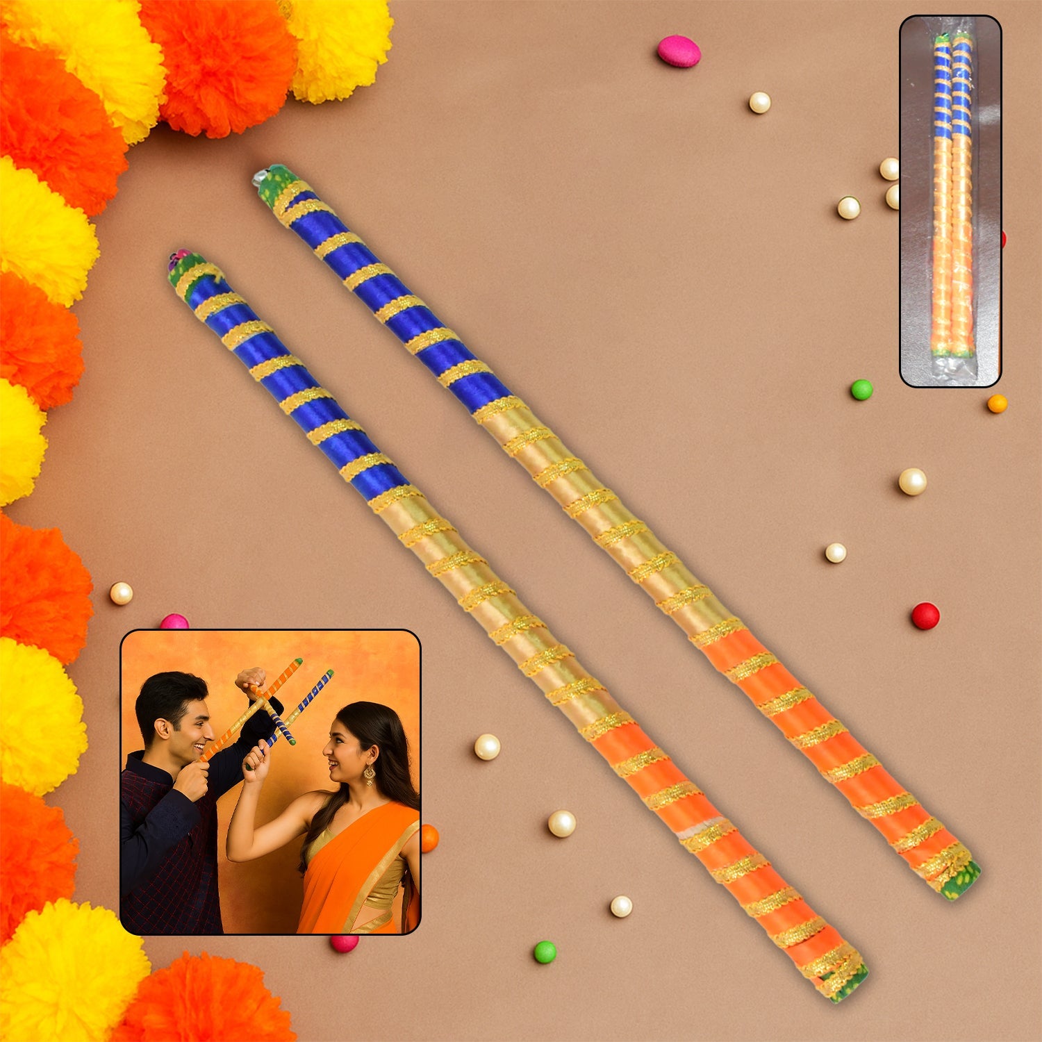 Traditional Decorative Dandiya Sticks Pair for Navratri, Garba Traditional Decorative Dandiya Sticks Pair for Navratri, Garba
